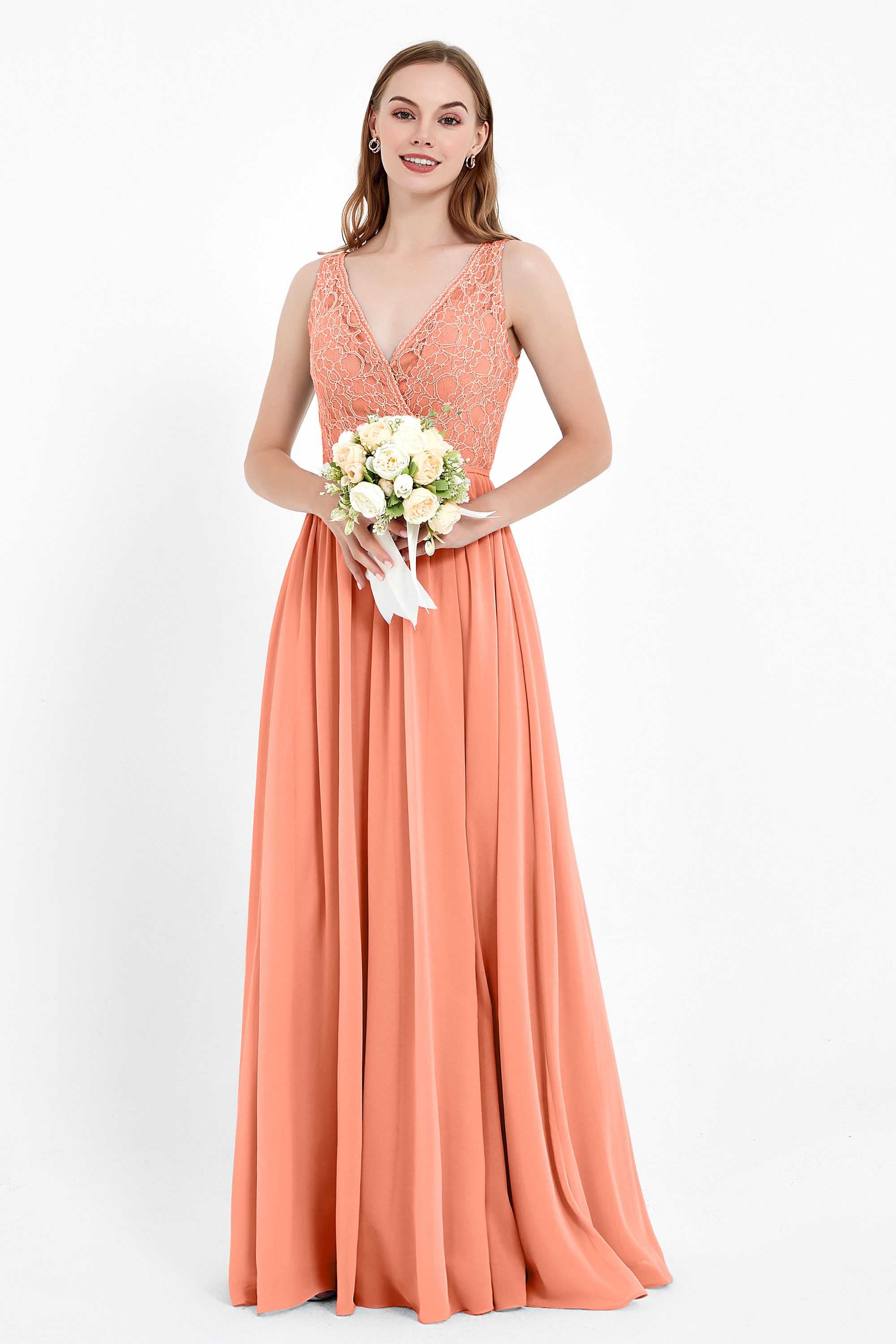 Ruched Chiffon Lace V Neck Bridesmaid Dress Sleeveless Formal Evening Dresses gowns