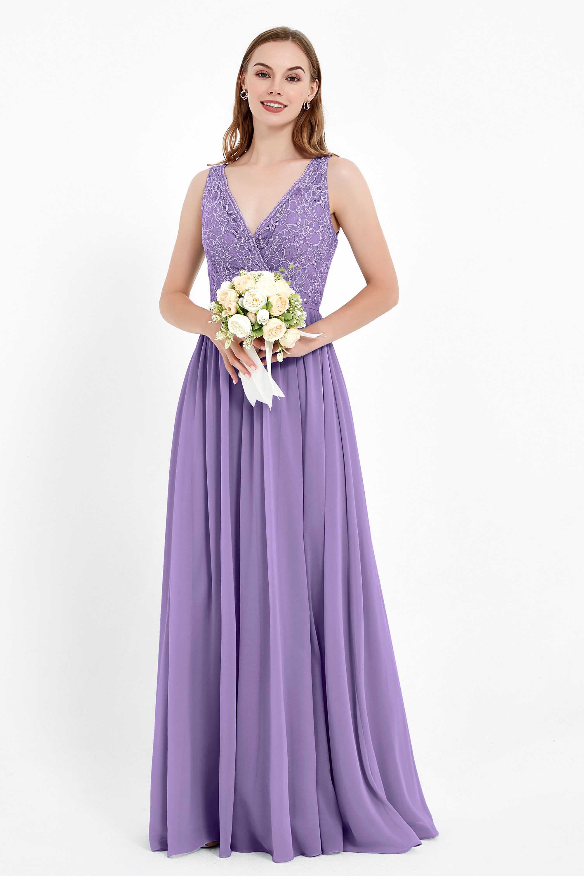 Ruched Chiffon Lace V Neck Bridesmaid Dress Sleeveless Formal Evening Dresses gowns