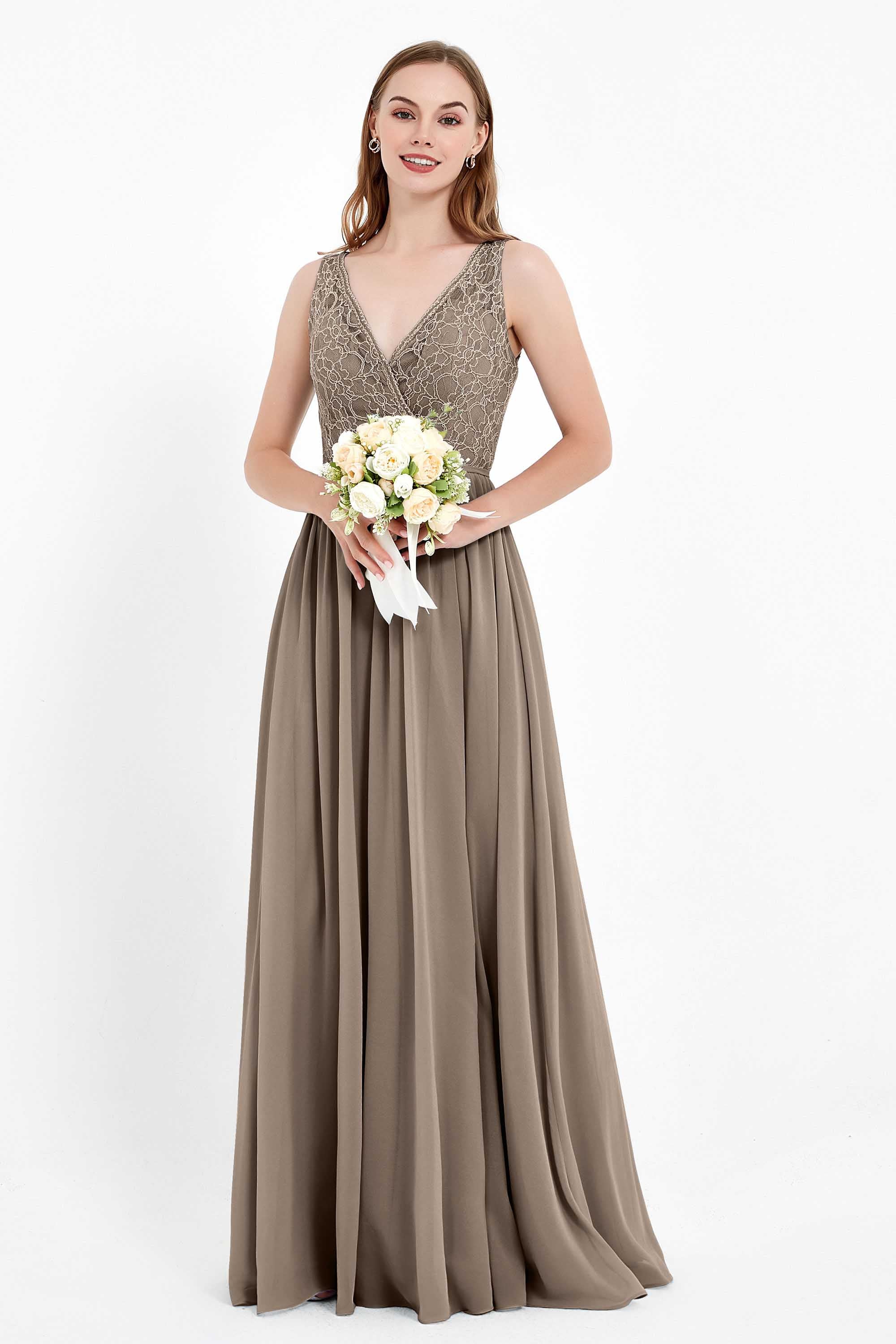 Ruched Chiffon Lace V Neck Bridesmaid Dress Sleeveless Formal Evening Dresses gowns