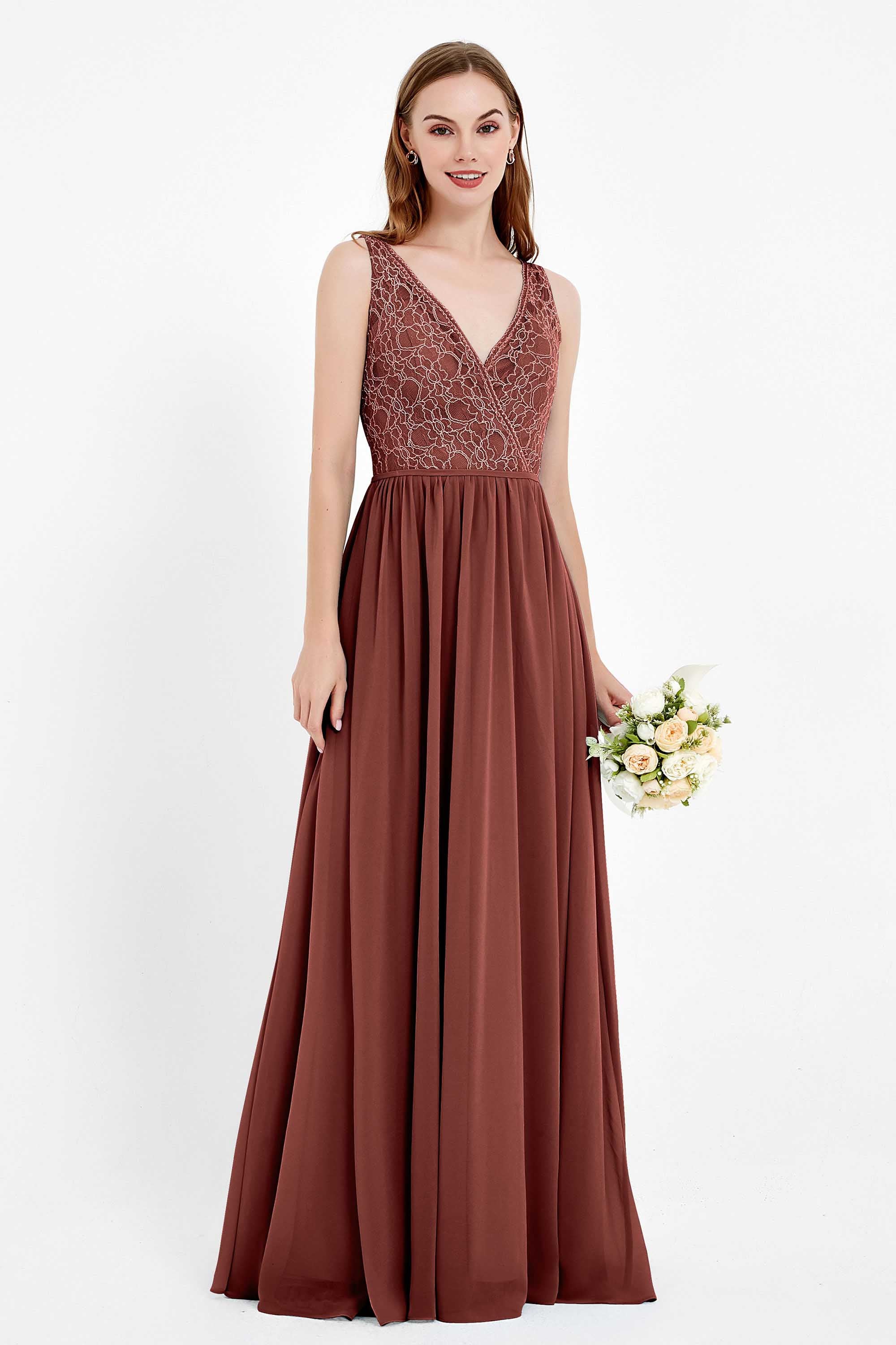Ruched Chiffon Lace V Neck Bridesmaid Dress Sleeveless Formal Evening Dresses gowns