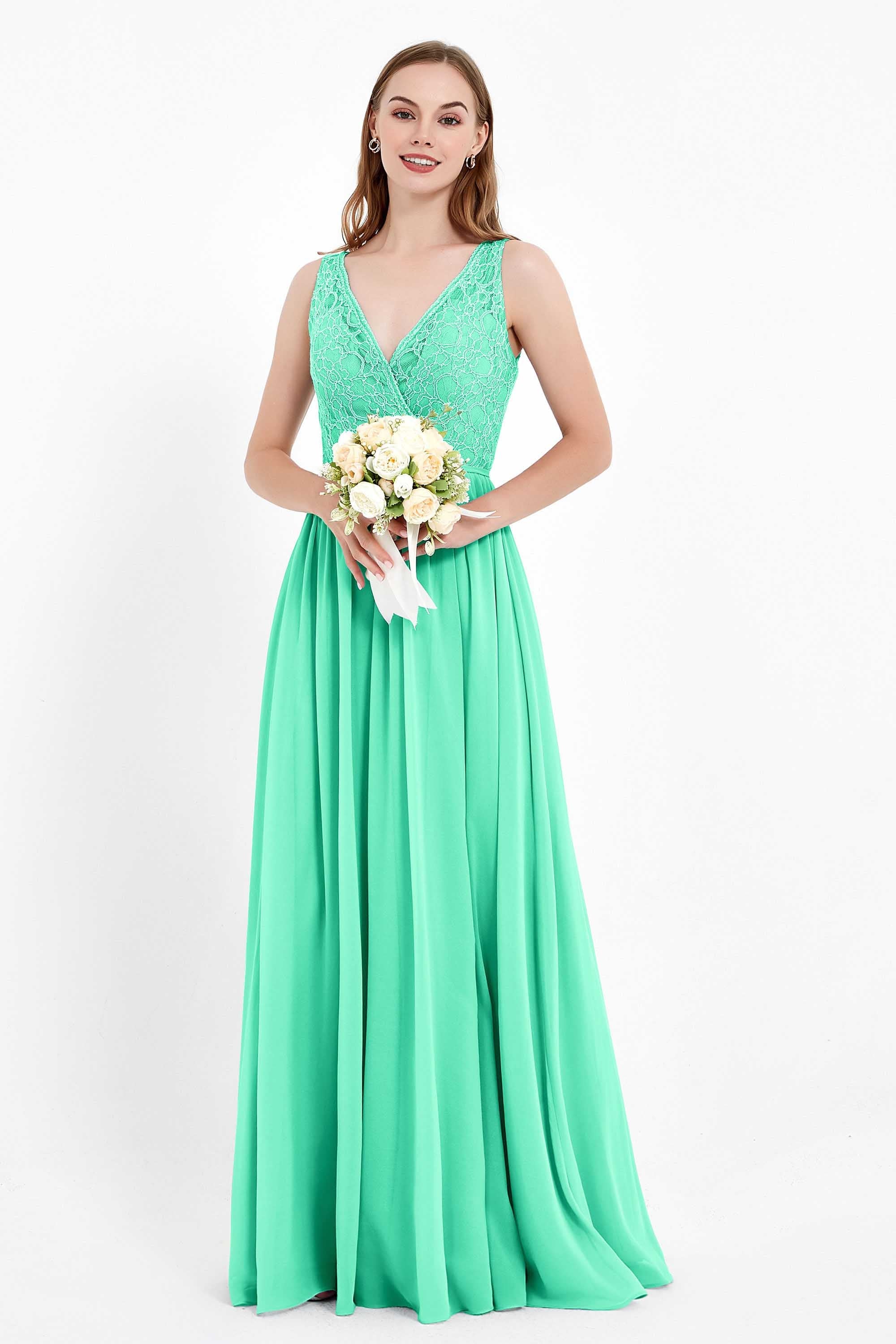 Ruched Chiffon Lace V Neck Bridesmaid Dress Sleeveless Formal Evening Dresses gowns