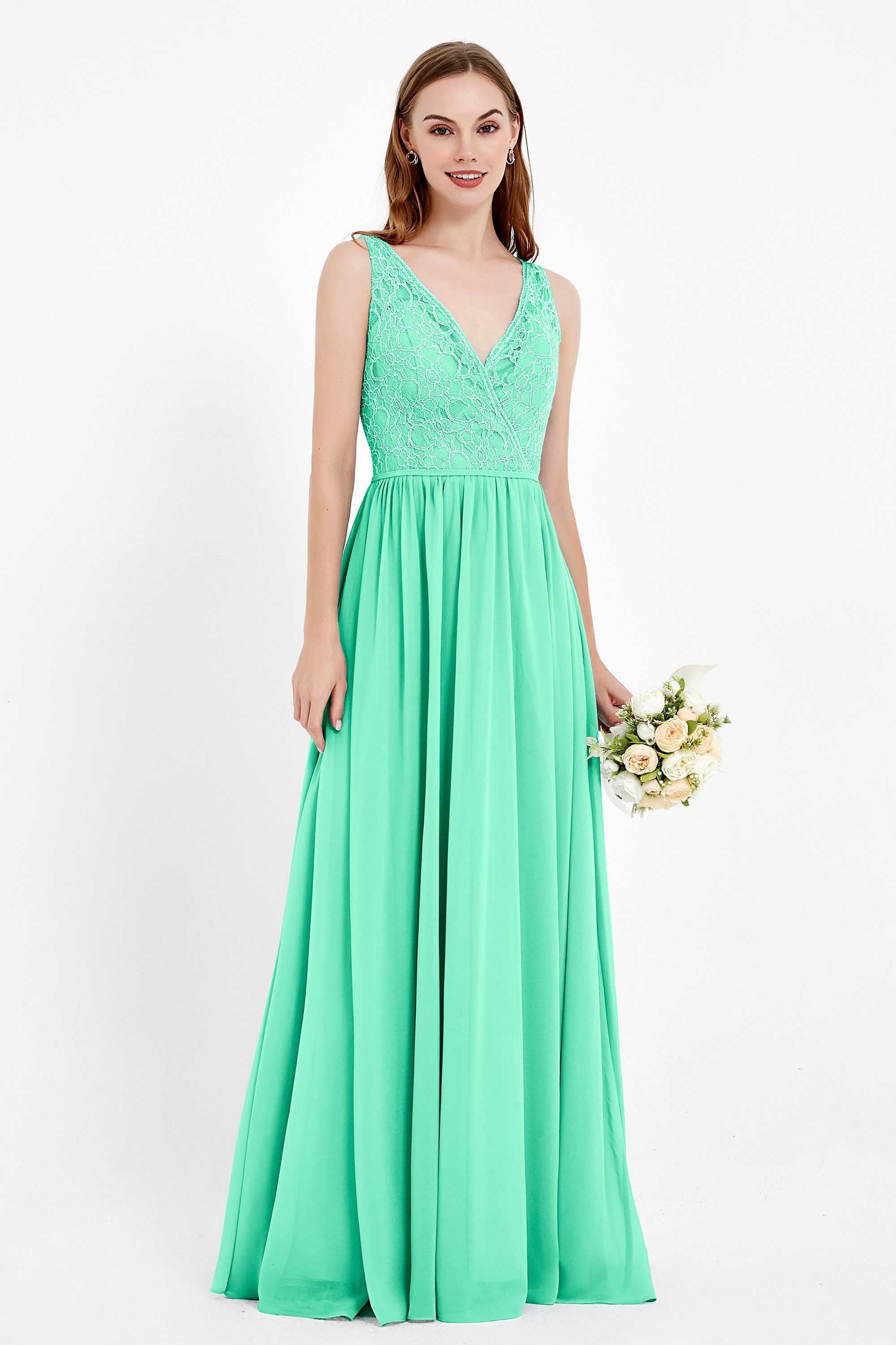 Ruched Chiffon Lace V Neck Bridesmaid Dress Sleeveless Formal Evening Dresses gowns