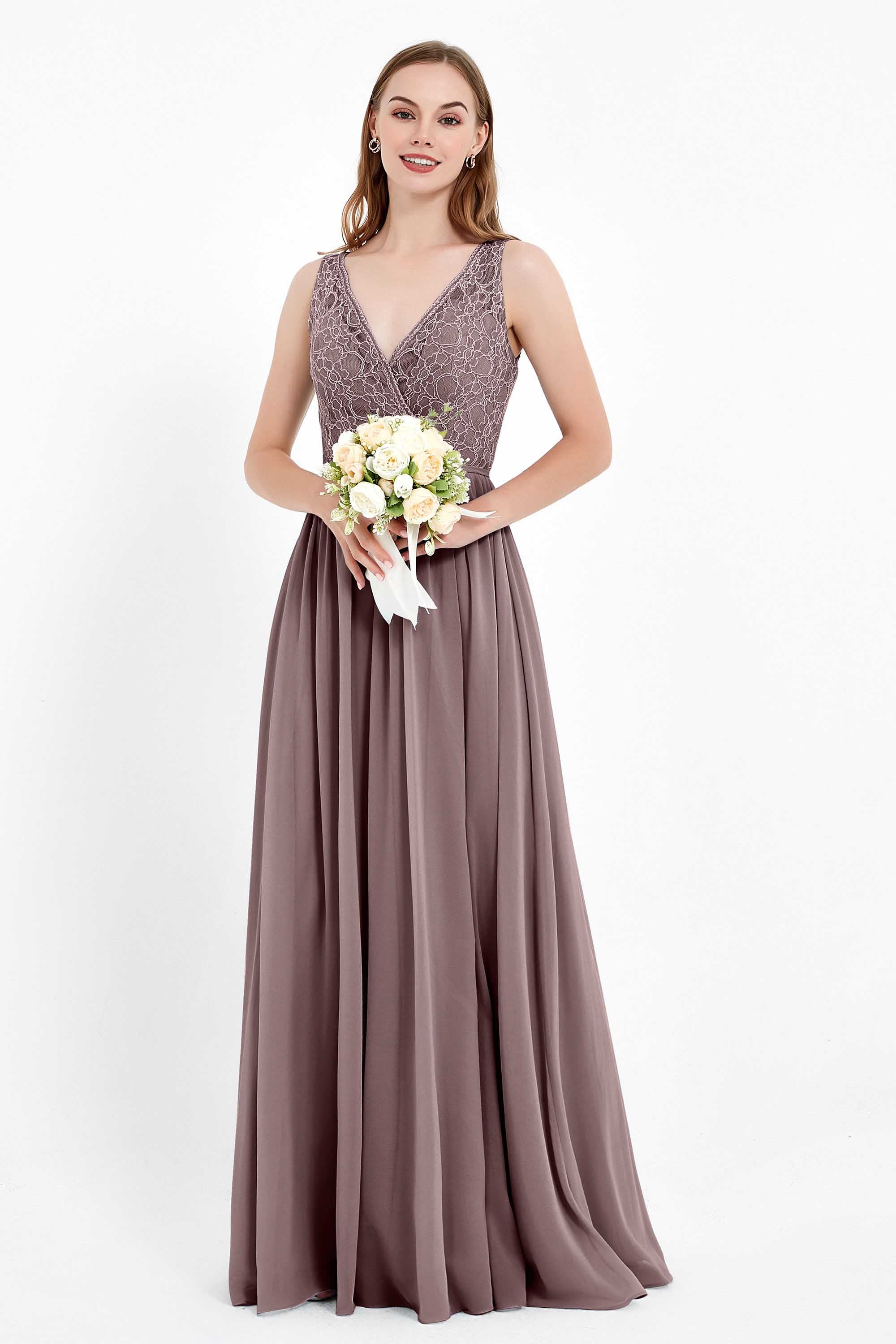 Ruched Chiffon Lace V Neck Bridesmaid Dress Sleeveless Formal Evening Dresses gowns