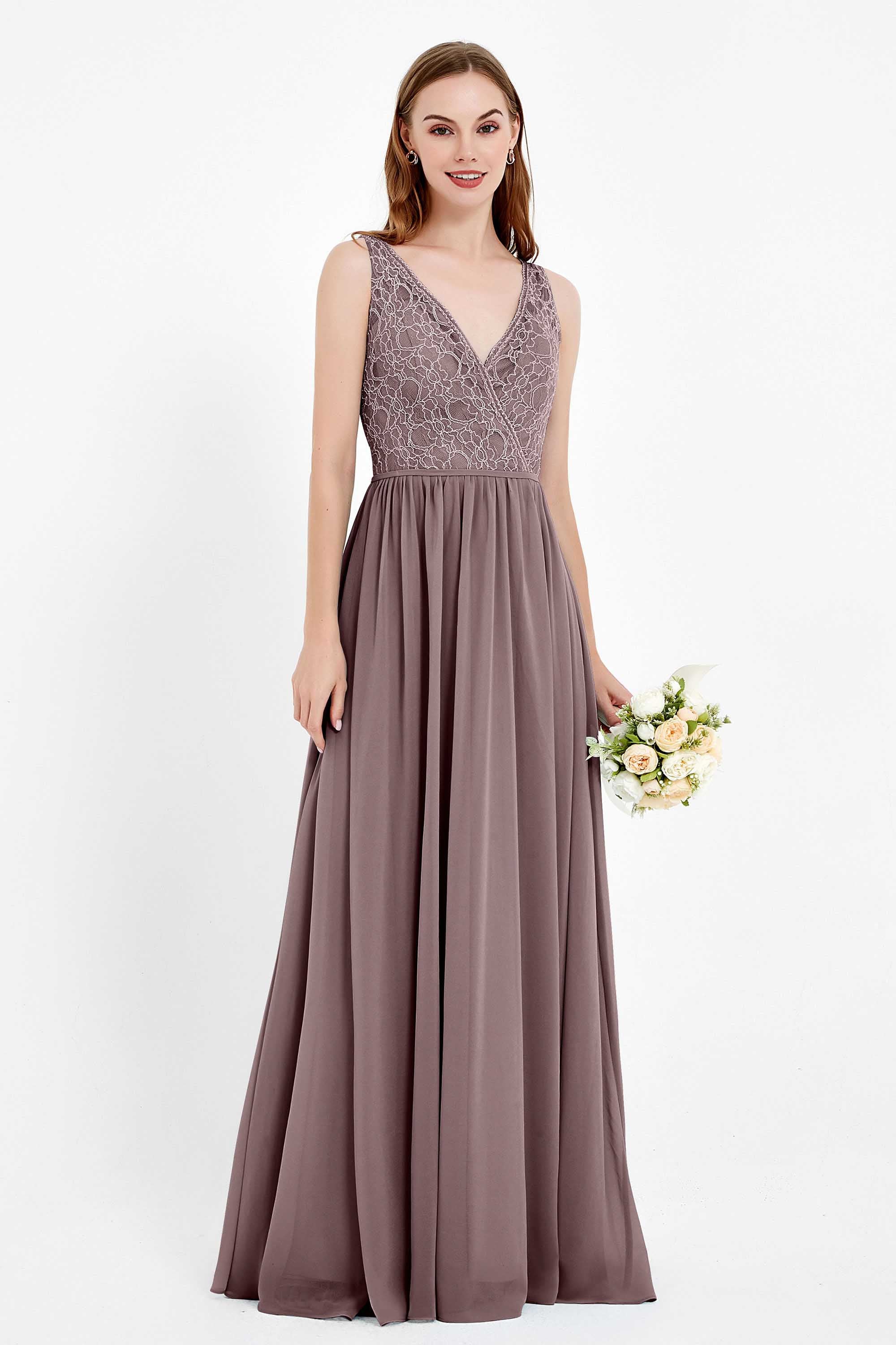 Ruched Chiffon Lace V Neck Bridesmaid Dress Sleeveless Formal Evening Dresses gowns