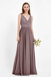 Ruched Chiffon Lace V Neck Bridesmaid Dress Sleeveless Formal Evening Dresses gowns