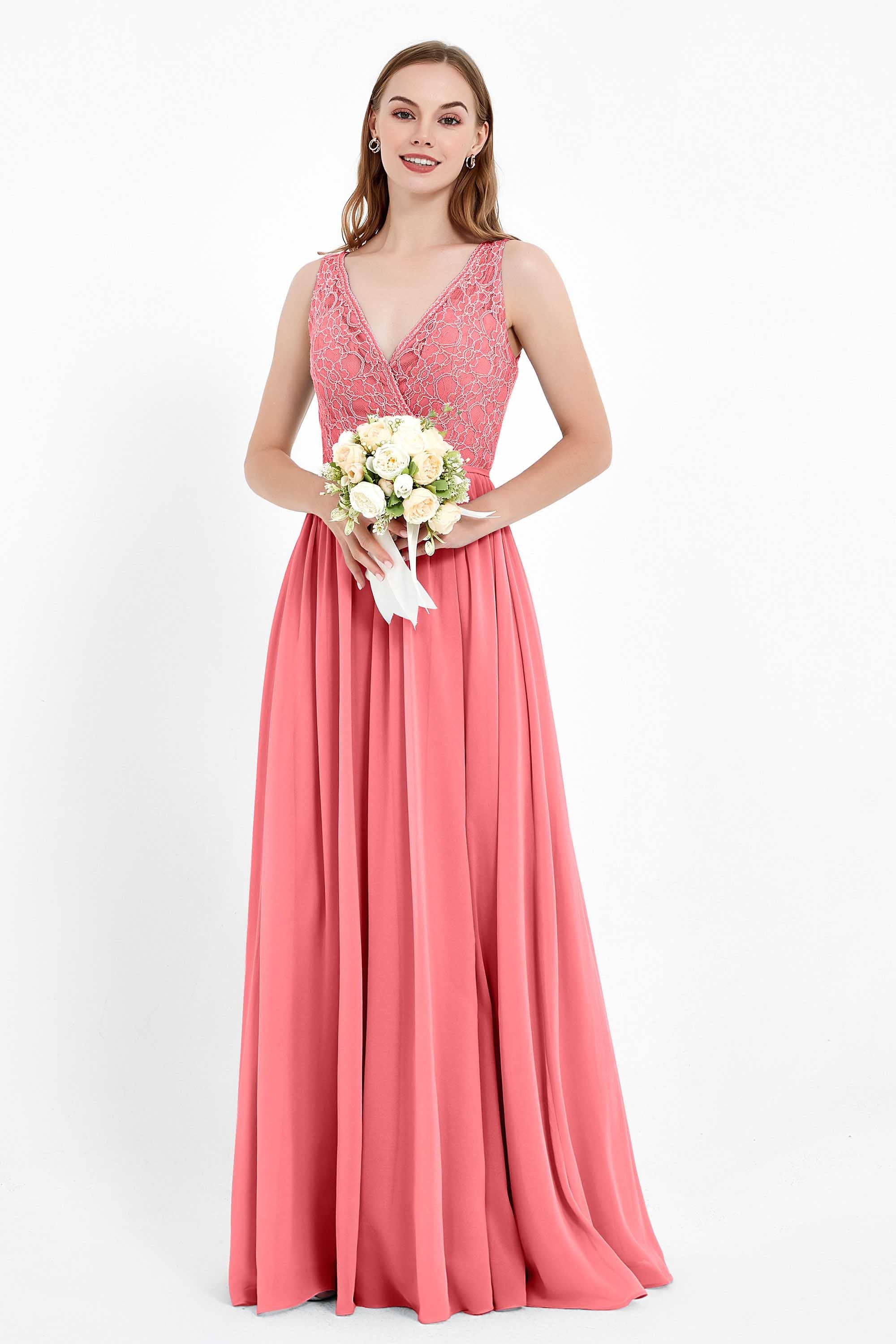 Ruched Chiffon Lace V Neck Bridesmaid Dress Sleeveless Formal Evening Dresses gowns