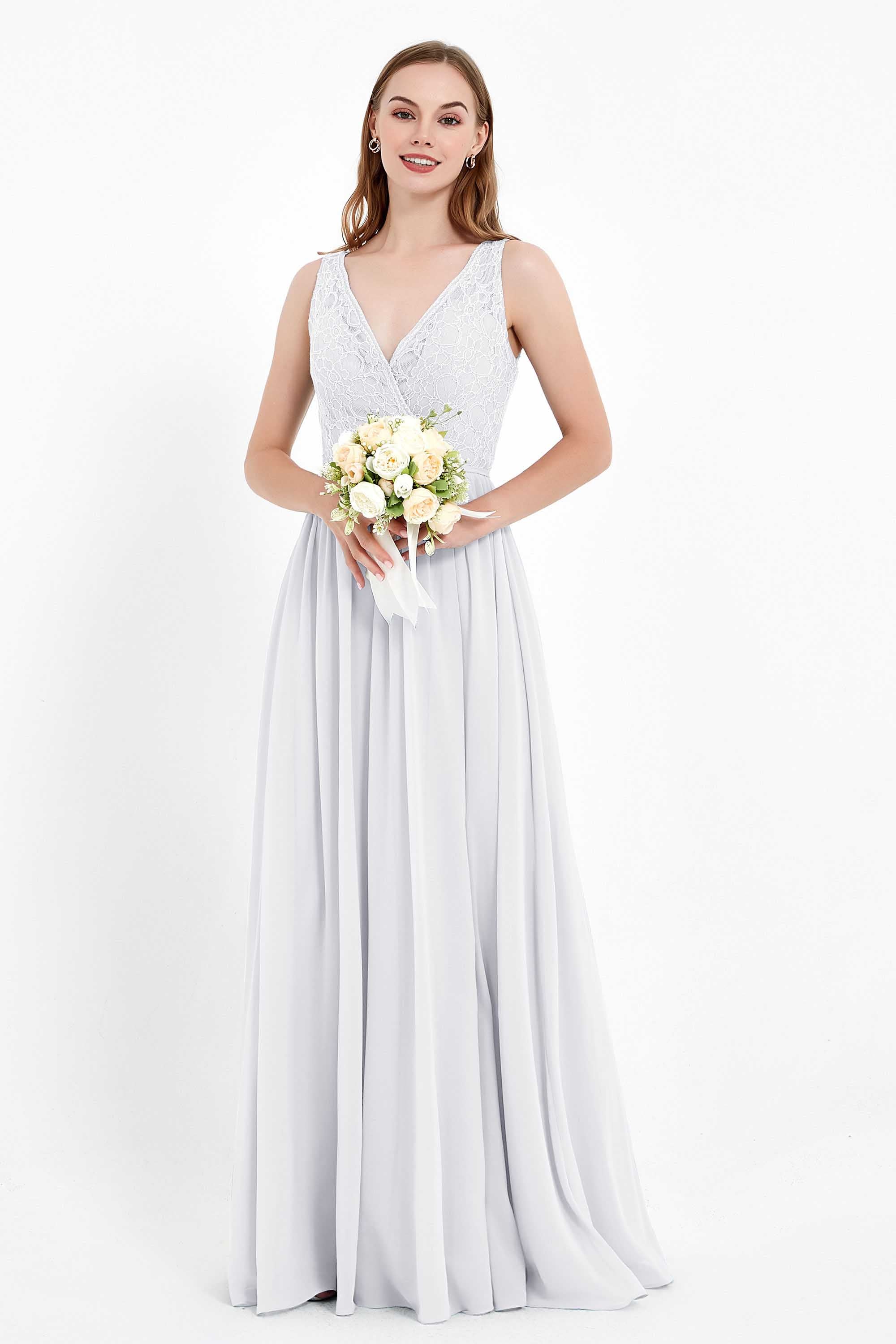 Ruched Chiffon Lace V Neck Bridesmaid Dress Sleeveless Formal Evening Dresses gowns
