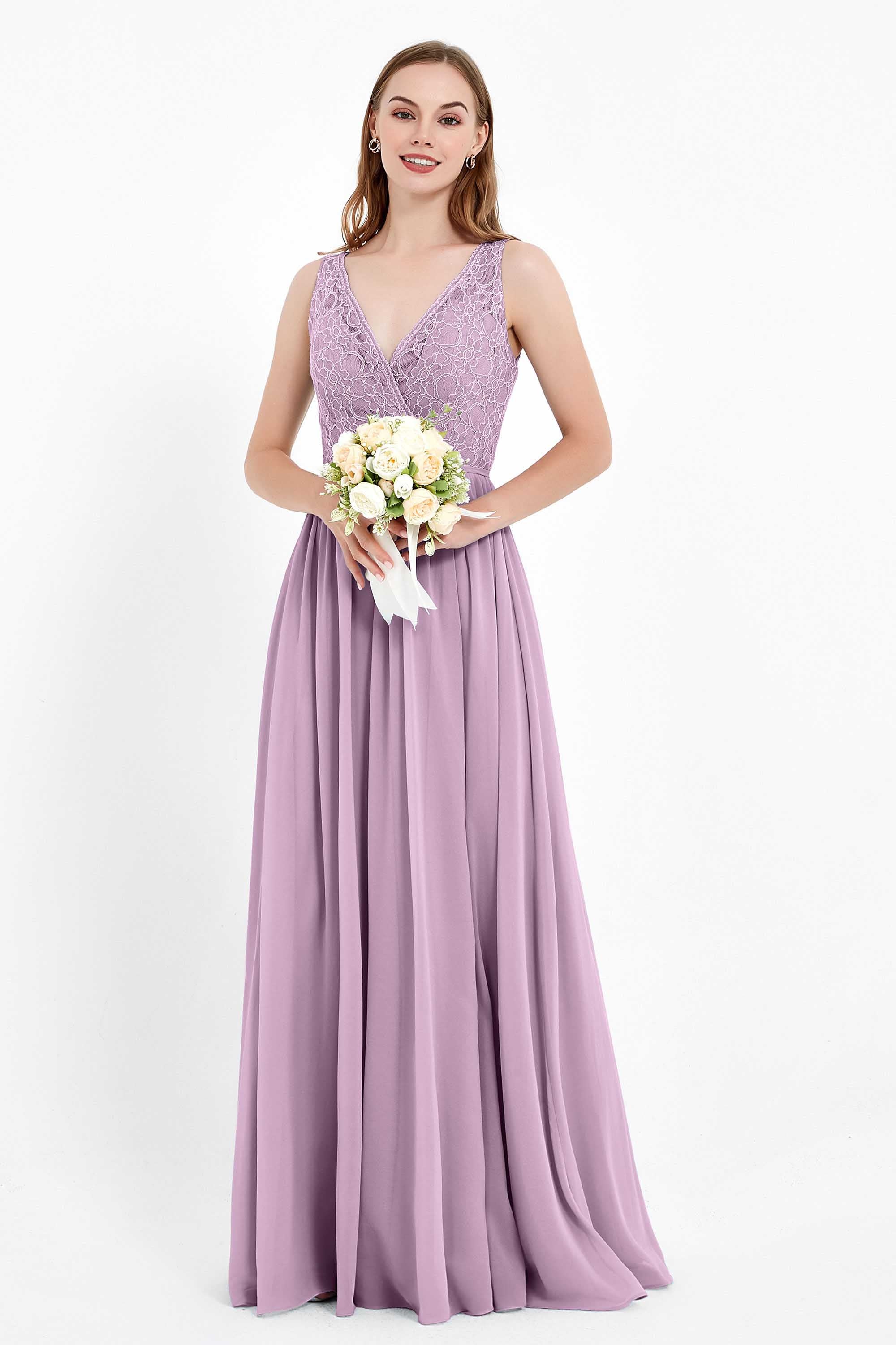 Ruched Chiffon Lace V Neck Bridesmaid Dress Sleeveless Formal Evening Dresses gowns