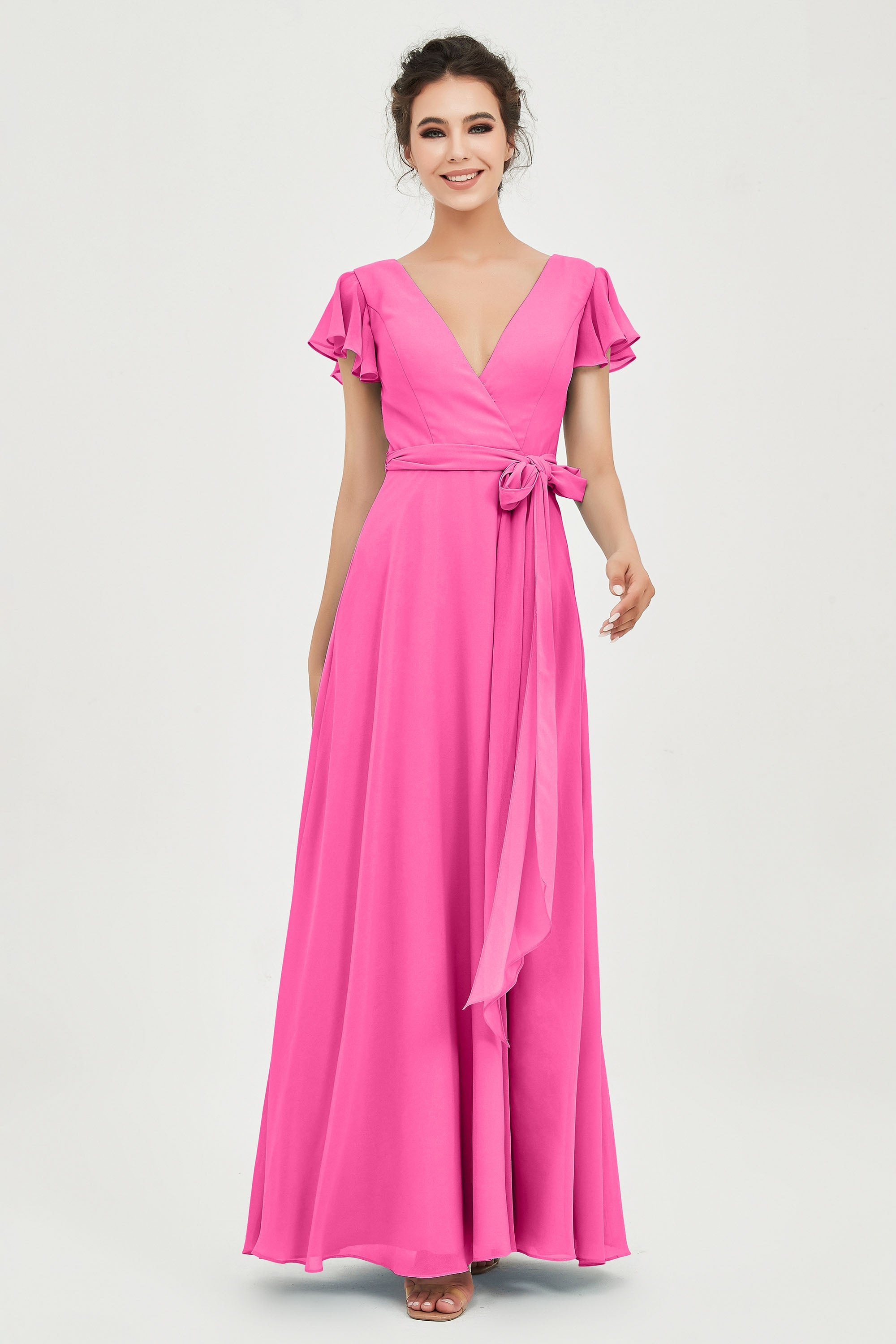 Flutter Sleeves Chiffon V Neck Bridesmaid Dress Women's Formal Evening Prom Gowns Dresses