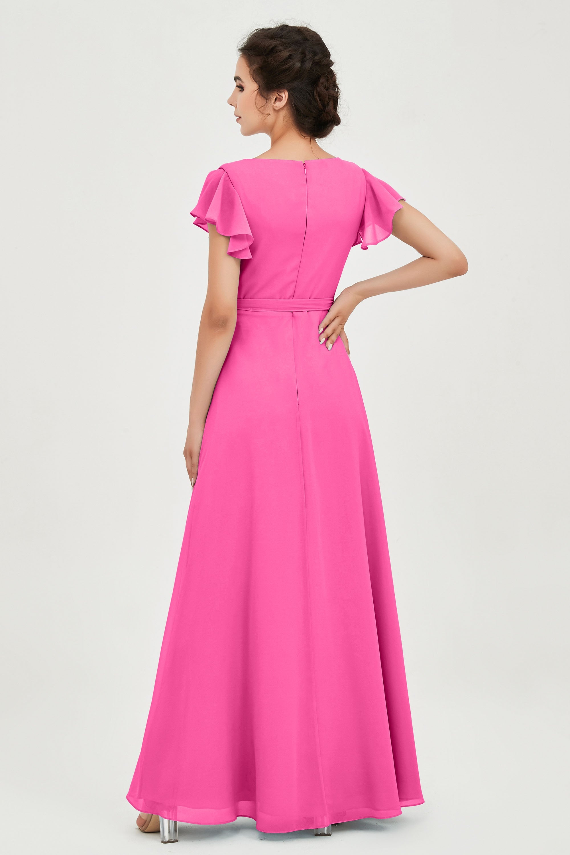 Flutter Sleeves Chiffon V Neck Bridesmaid Dress Women's Formal Evening Prom Gowns Dresses