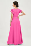 Flutter Sleeves Chiffon V Neck Bridesmaid Dress Women's Formal Evening Prom Gowns Dresses