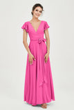 Flutter Sleeves Chiffon V Neck Bridesmaid Dress Women's Formal Evening Prom Gowns Dresses
