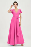 Flutter Sleeves Chiffon V Neck Bridesmaid Dress Women's Formal Evening Prom Gowns Dresses
