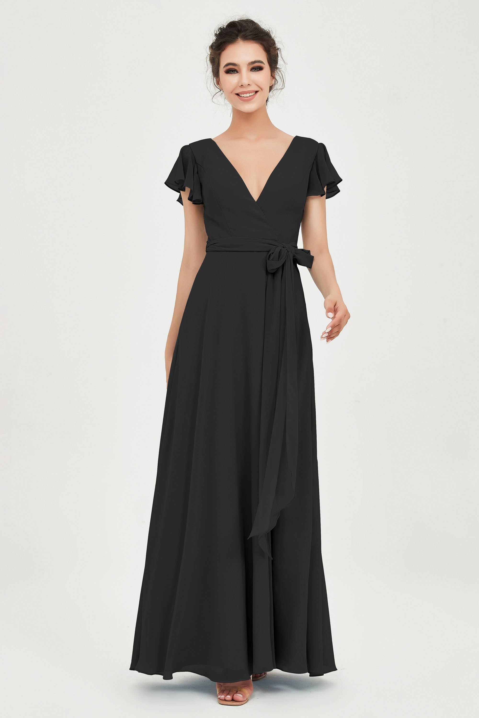 Flutter Sleeves Chiffon V Neck Bridesmaid Dress Women's Formal Evening Prom Gowns Dresses