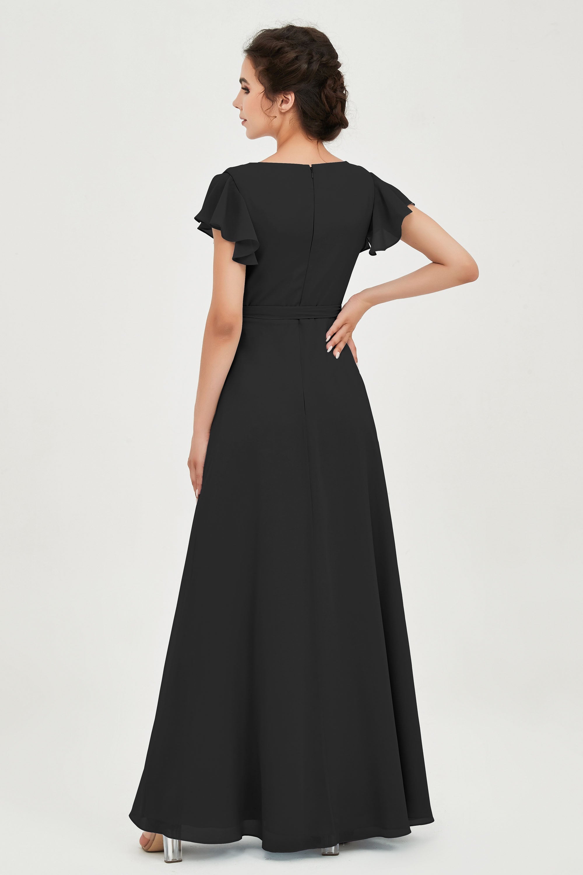 Flutter Sleeves Chiffon V Neck Bridesmaid Dress Women's Formal Evening Prom Gowns Dresses