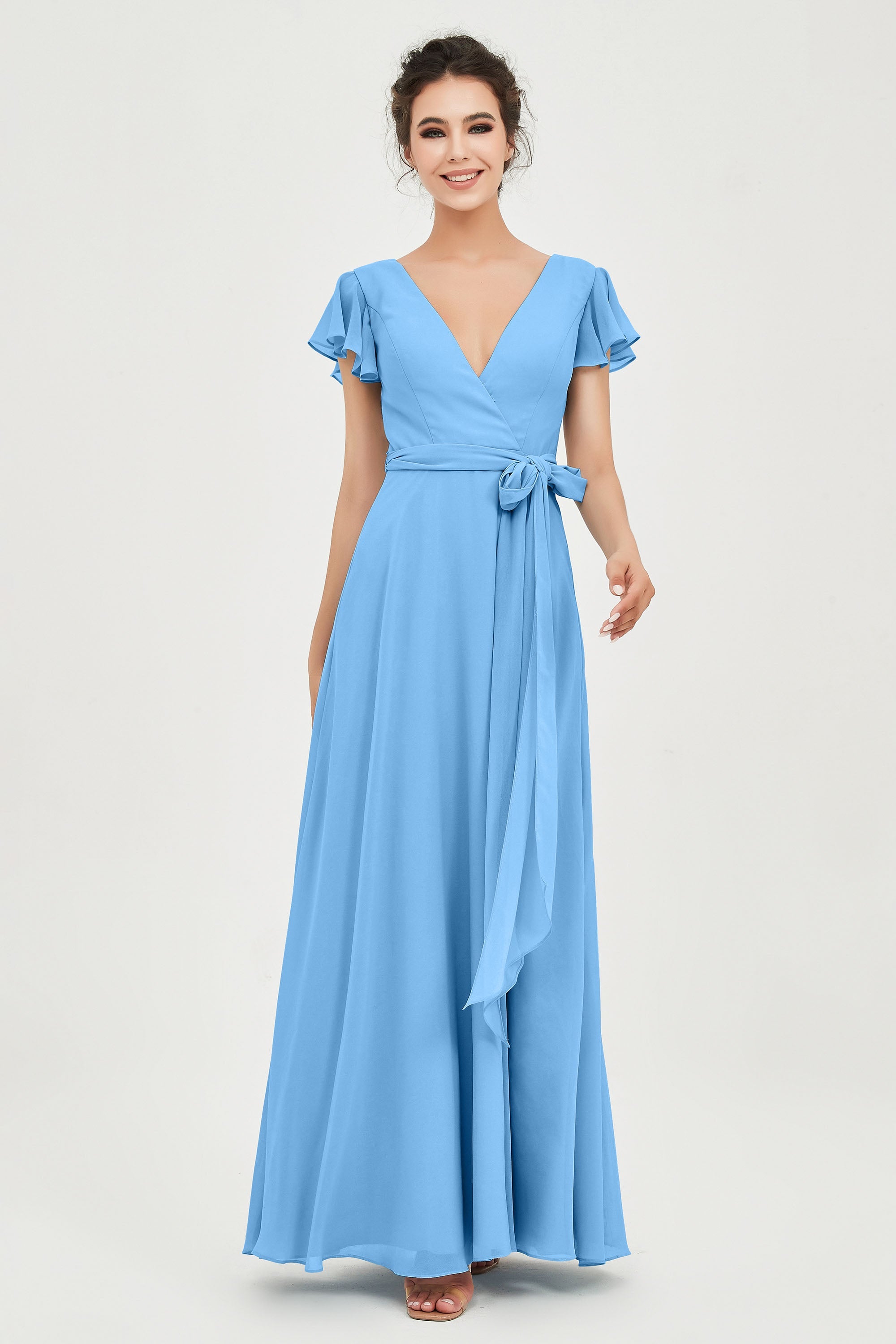 Flutter Sleeves Chiffon V Neck Bridesmaid Dress Women's Formal Evening Prom Gowns Dresses