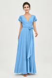 Flutter Sleeves Chiffon V Neck Bridesmaid Dress Women's Formal Evening Prom Gowns Dresses