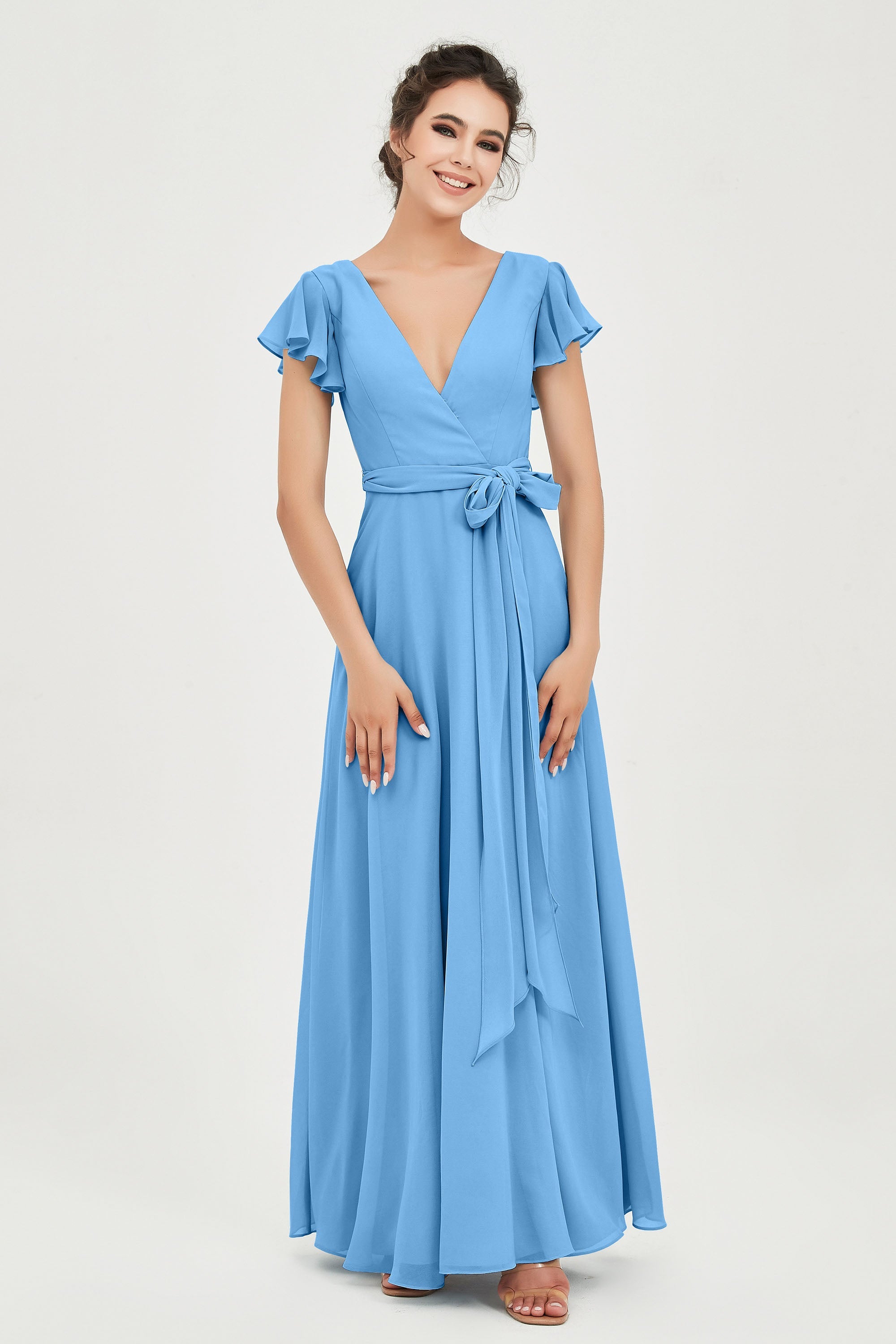 Flutter Sleeves Chiffon V Neck Bridesmaid Dress Women's Formal Evening Prom Gowns Dresses
