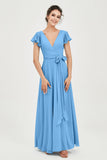 Flutter Sleeves Chiffon V Neck Bridesmaid Dress Women's Formal Evening Prom Gowns Dresses