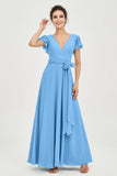Flutter Sleeves Chiffon V Neck Bridesmaid Dress Women's Formal Evening Prom Gowns Dresses