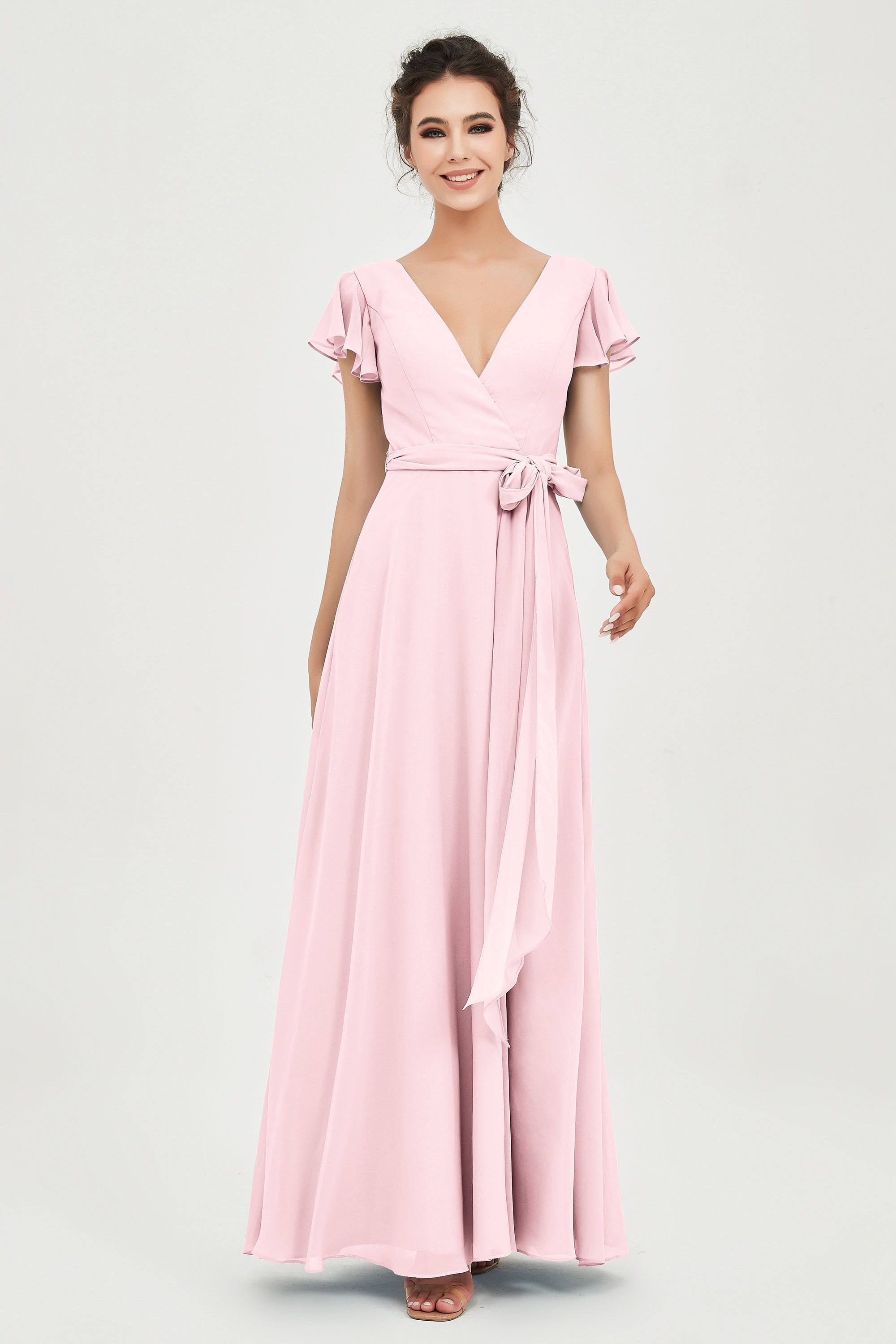 Flutter Sleeves Chiffon V Neck Bridesmaid Dress Women's Formal Evening Prom Gowns Dresses