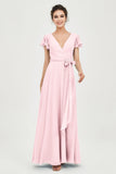 Flutter Sleeves Chiffon V Neck Bridesmaid Dress Women's Formal Evening Prom Gowns Dresses