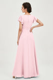 Flutter Sleeves Chiffon V Neck Bridesmaid Dress Women's Formal Evening Prom Gowns Dresses