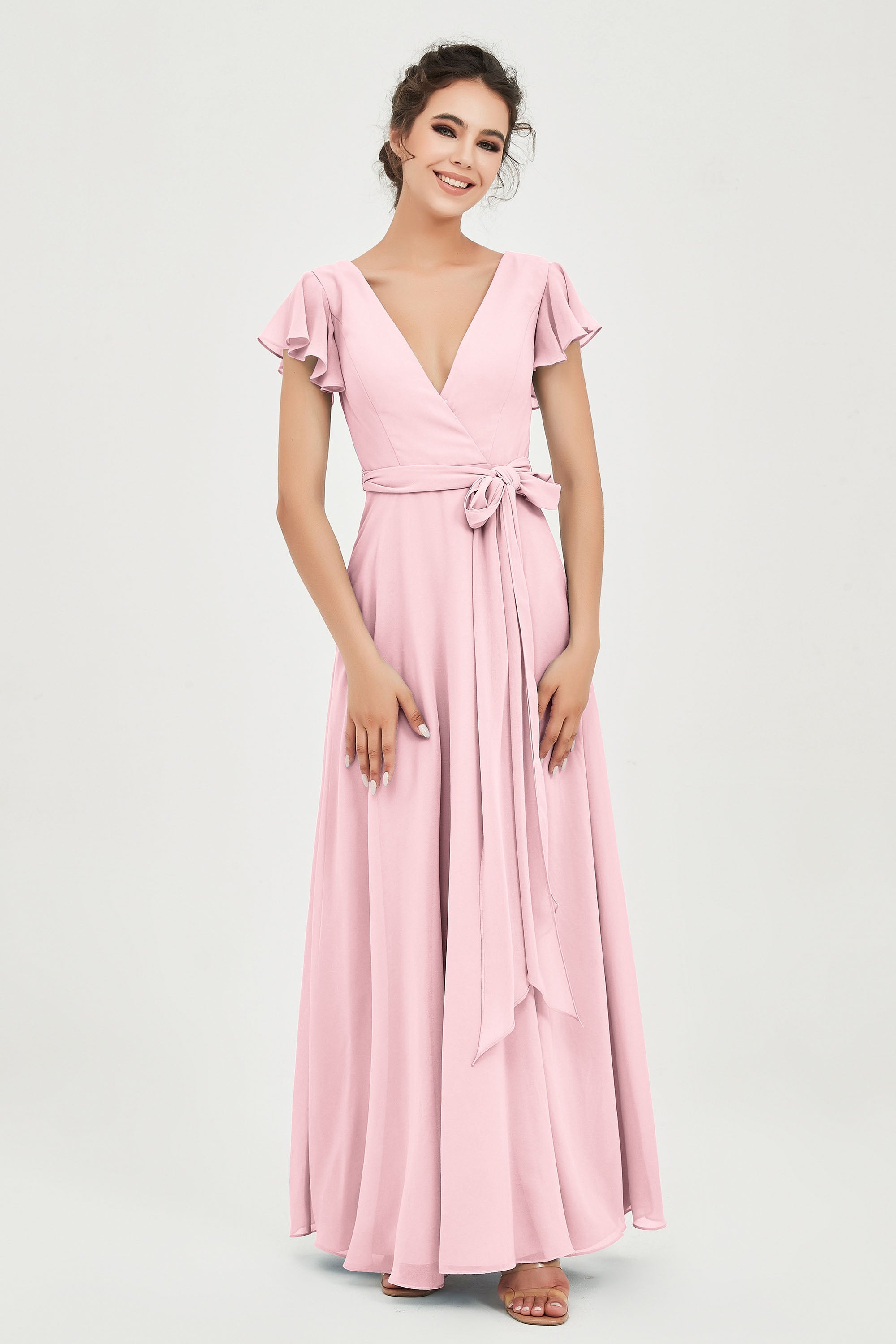 Flutter Sleeves Chiffon V Neck Bridesmaid Dress Women's Formal Evening Prom Gowns Dresses
