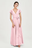 Flutter Sleeves Chiffon V Neck Bridesmaid Dress Women's Formal Evening Prom Gowns Dresses