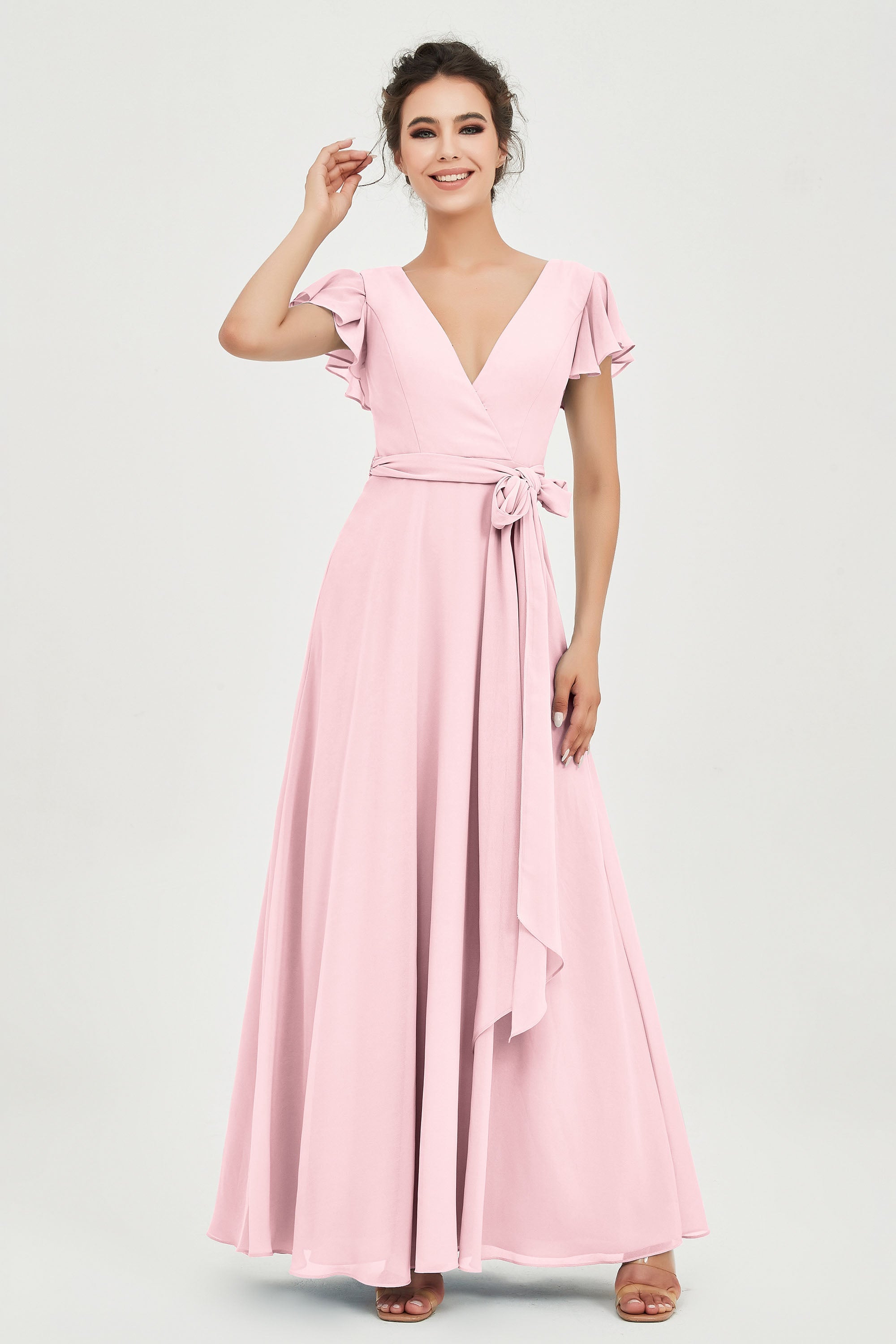 Flutter Sleeves Chiffon V Neck Bridesmaid Dress Women's Formal Evening Prom Gowns Dresses