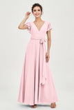 Flutter Sleeves Chiffon V Neck Bridesmaid Dress Women's Formal Evening Prom Gowns Dresses