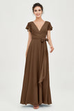 Flutter Sleeves Chiffon V Neck Bridesmaid Dress Women's Formal Evening Prom Gowns Dresses
