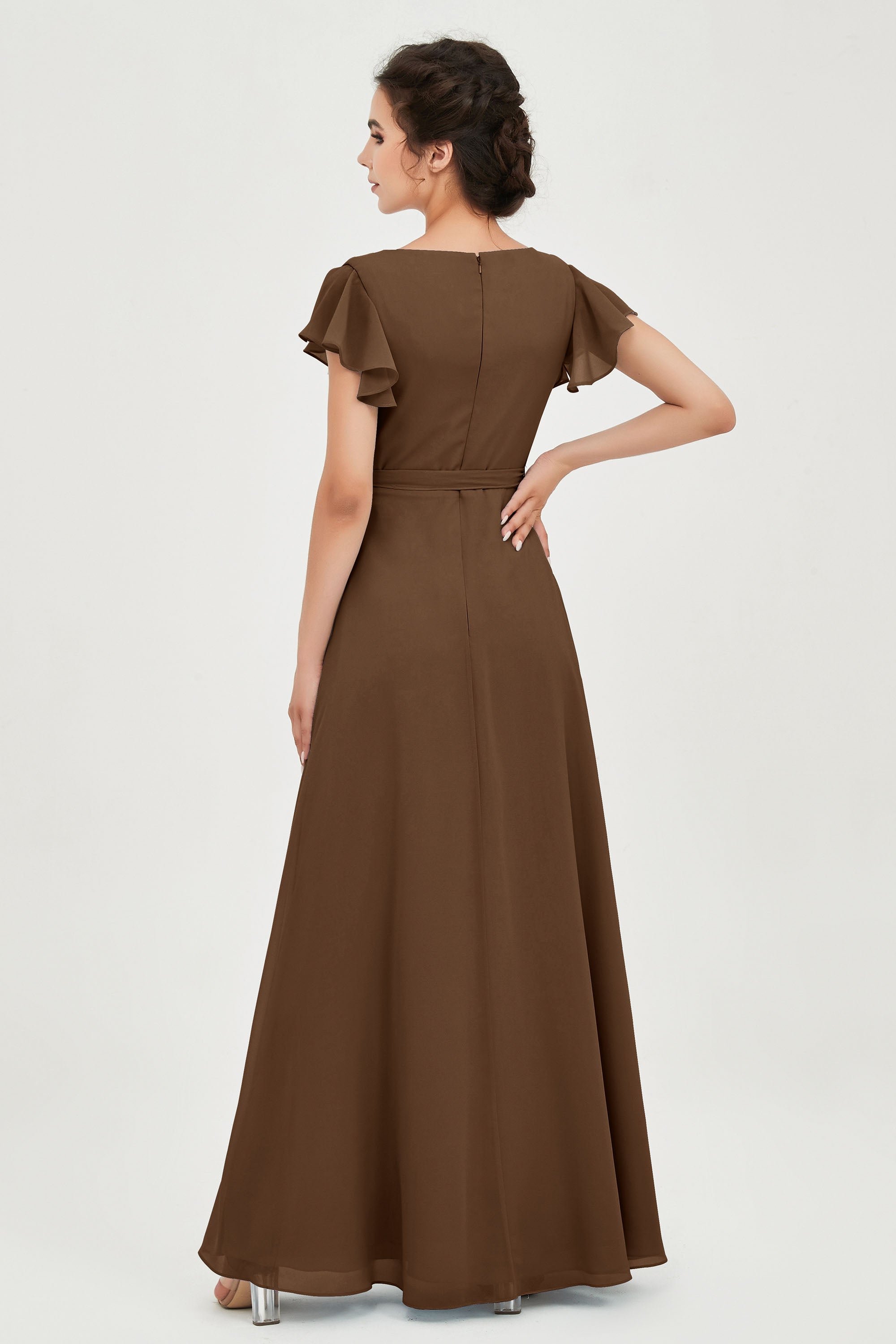 Flutter Sleeves Chiffon V Neck Bridesmaid Dress Women's Formal Evening Prom Gowns Dresses