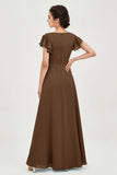 Flutter Sleeves Chiffon V Neck Bridesmaid Dress Women's Formal Evening Prom Gowns Dresses