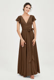 Flutter Sleeves Chiffon V Neck Bridesmaid Dress Women's Formal Evening Prom Gowns Dresses