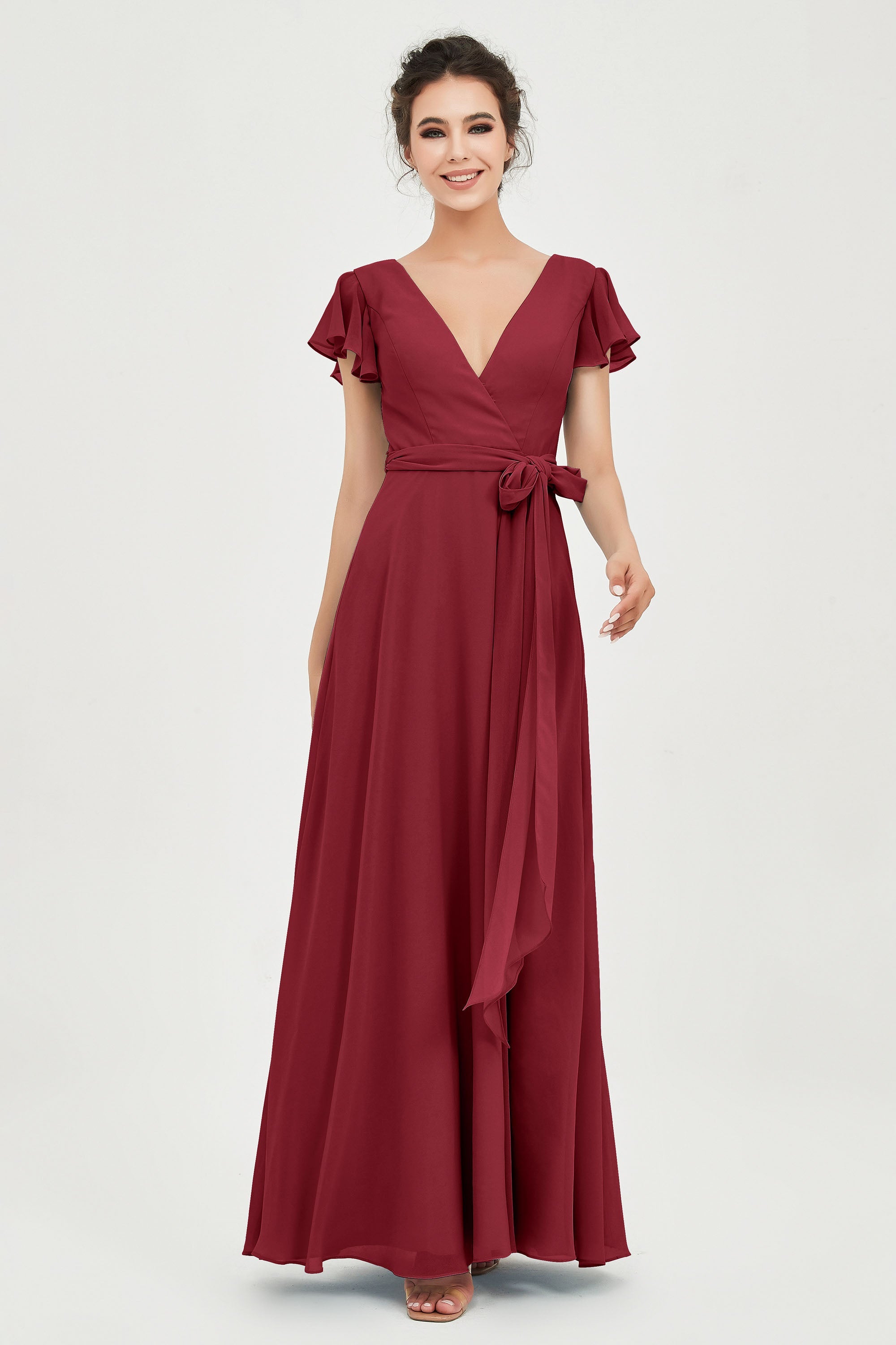 Flutter Sleeves Chiffon V Neck Bridesmaid Dress Women's Formal Evening Prom Gowns Dresses