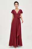 Flutter Sleeves Chiffon V Neck Bridesmaid Dress Women's Formal Evening Prom Gowns Dresses