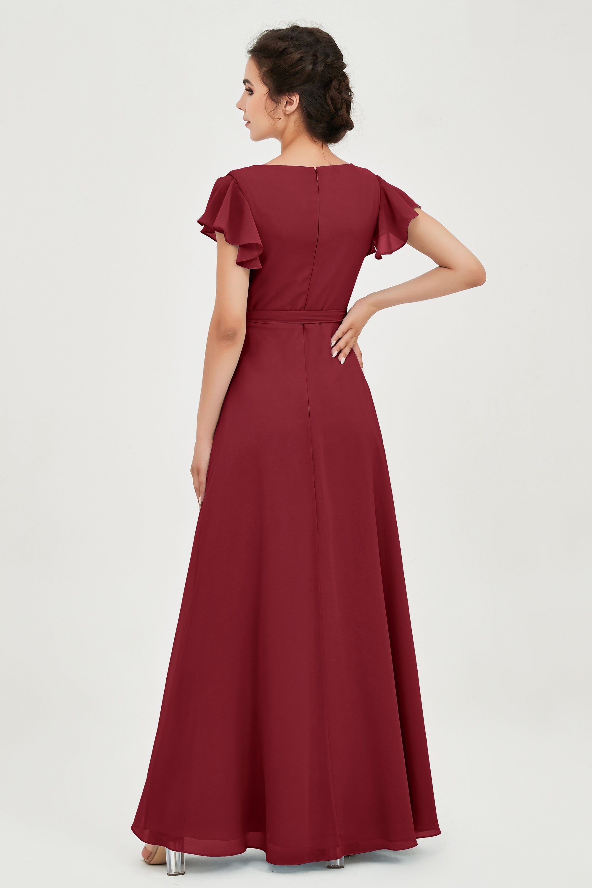 Flutter Sleeves Chiffon V Neck Bridesmaid Dress Women's Formal Evening Prom Gowns Dresses