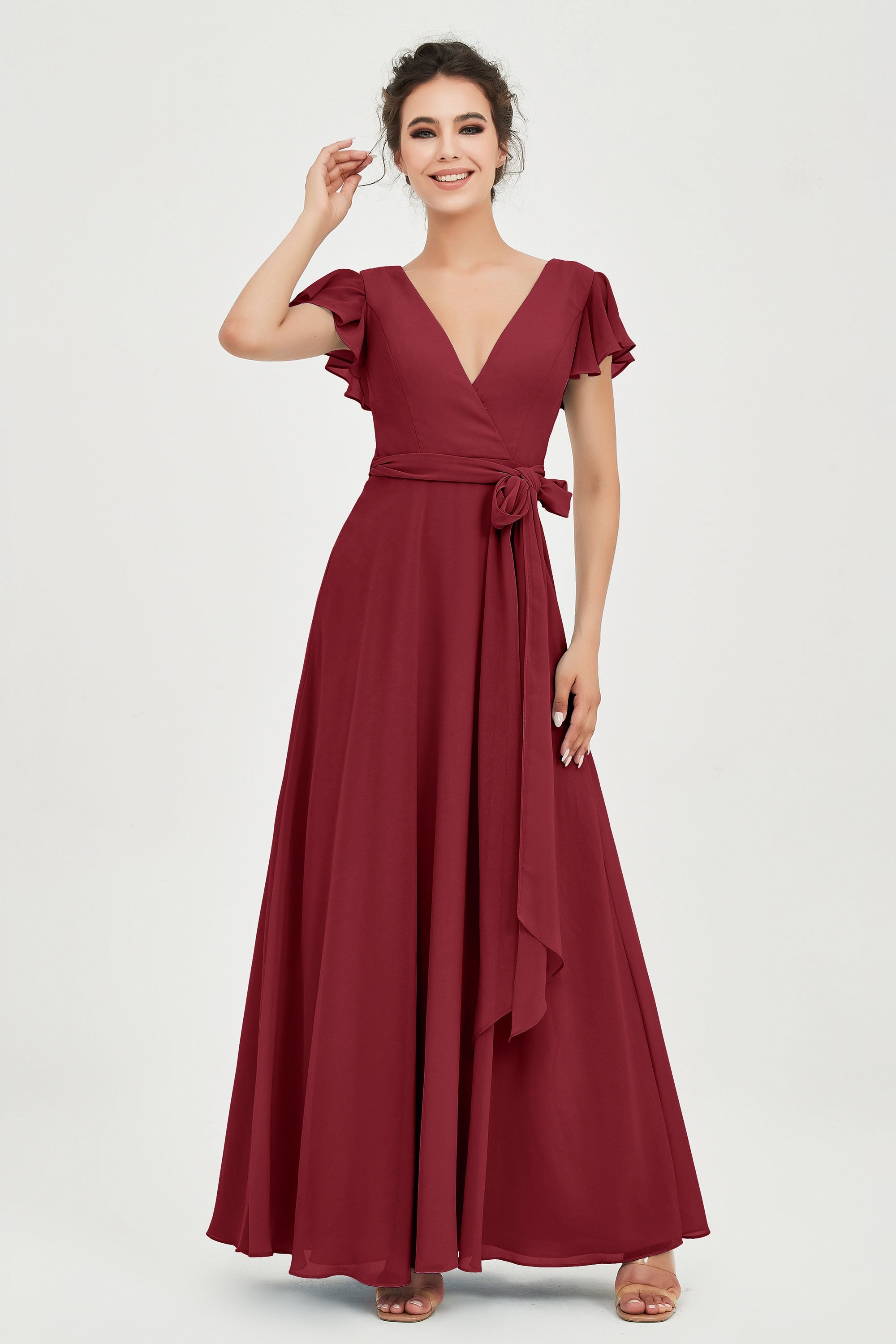 Flutter Sleeves Chiffon V Neck Bridesmaid Dress Women's Formal Evening Prom Gowns Dresses