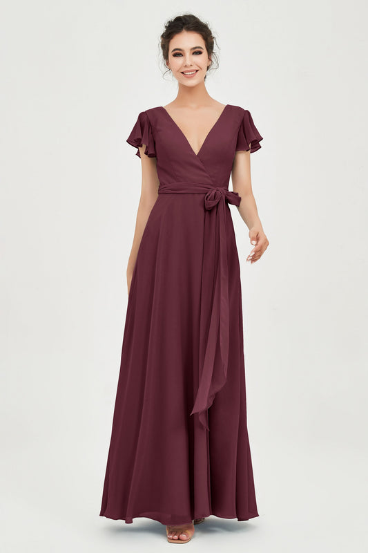 Flutter Sleeves Chiffon V Neck Bridesmaid Dress Women's Formal Evening Prom Gowns Dresses