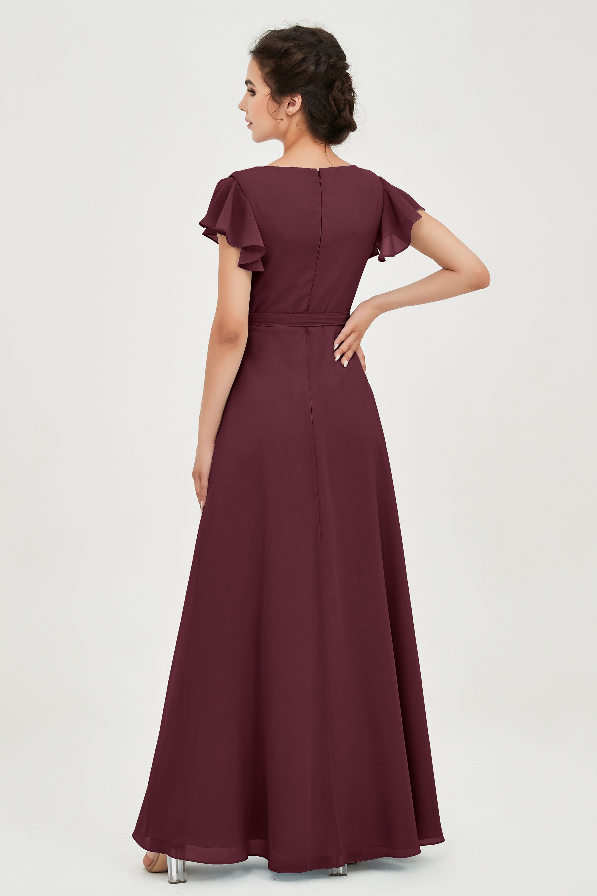 Flutter Sleeves Chiffon V Neck Bridesmaid Dress Women's Formal Evening Prom Gowns Dresses