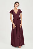 Flutter Sleeves Chiffon V Neck Bridesmaid Dress Women's Formal Evening Prom Gowns Dresses