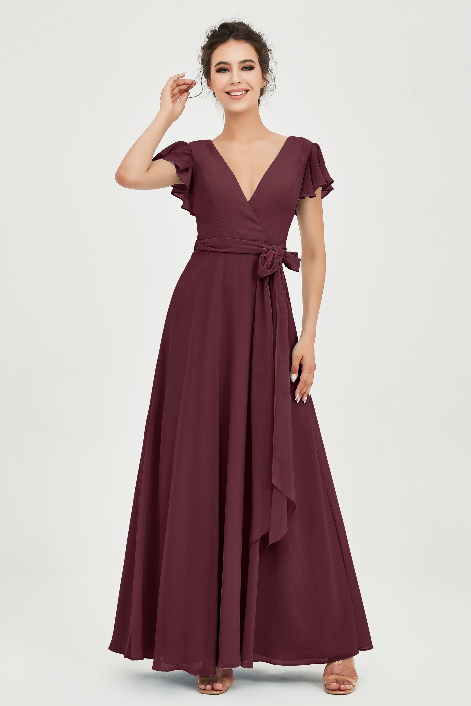 Flutter Sleeves Chiffon V Neck Bridesmaid Dress Women's Formal Evening Prom Gowns Dresses