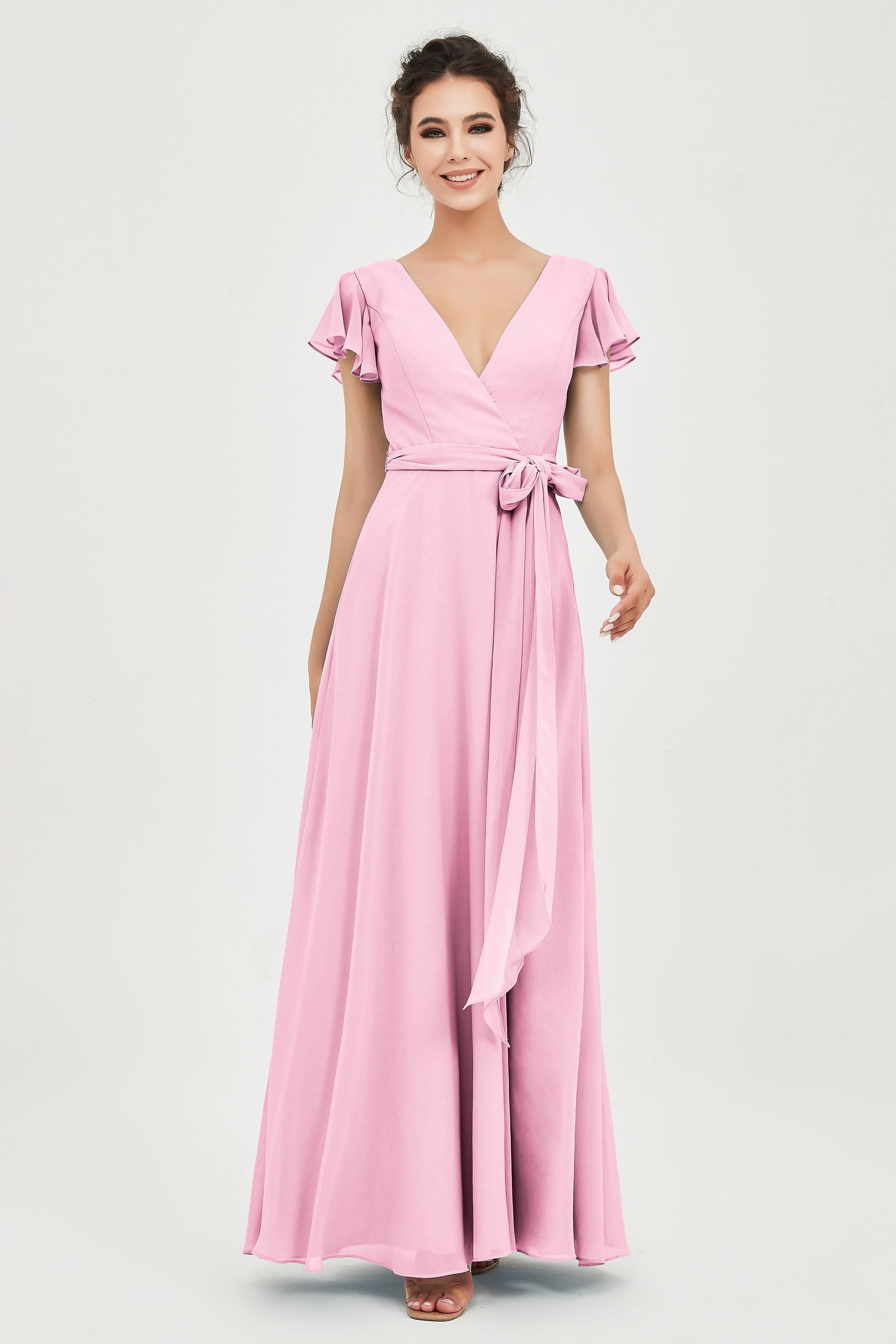 Flutter Sleeves Chiffon V Neck Bridesmaid Dress Women's Formal Evening Prom Gowns Dresses