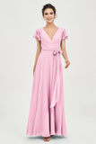 Flutter Sleeves Chiffon V Neck Bridesmaid Dress Women's Formal Evening Prom Gowns Dresses
