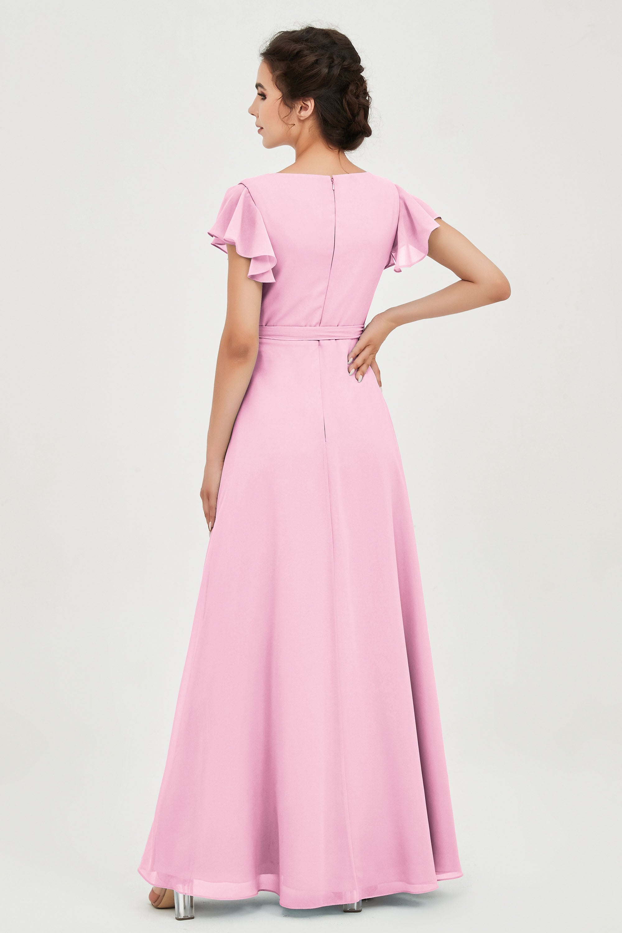 Flutter Sleeves Chiffon V Neck Bridesmaid Dress Women's Formal Evening Prom Gowns Dresses
