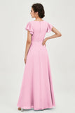 Flutter Sleeves Chiffon V Neck Bridesmaid Dress Women's Formal Evening Prom Gowns Dresses