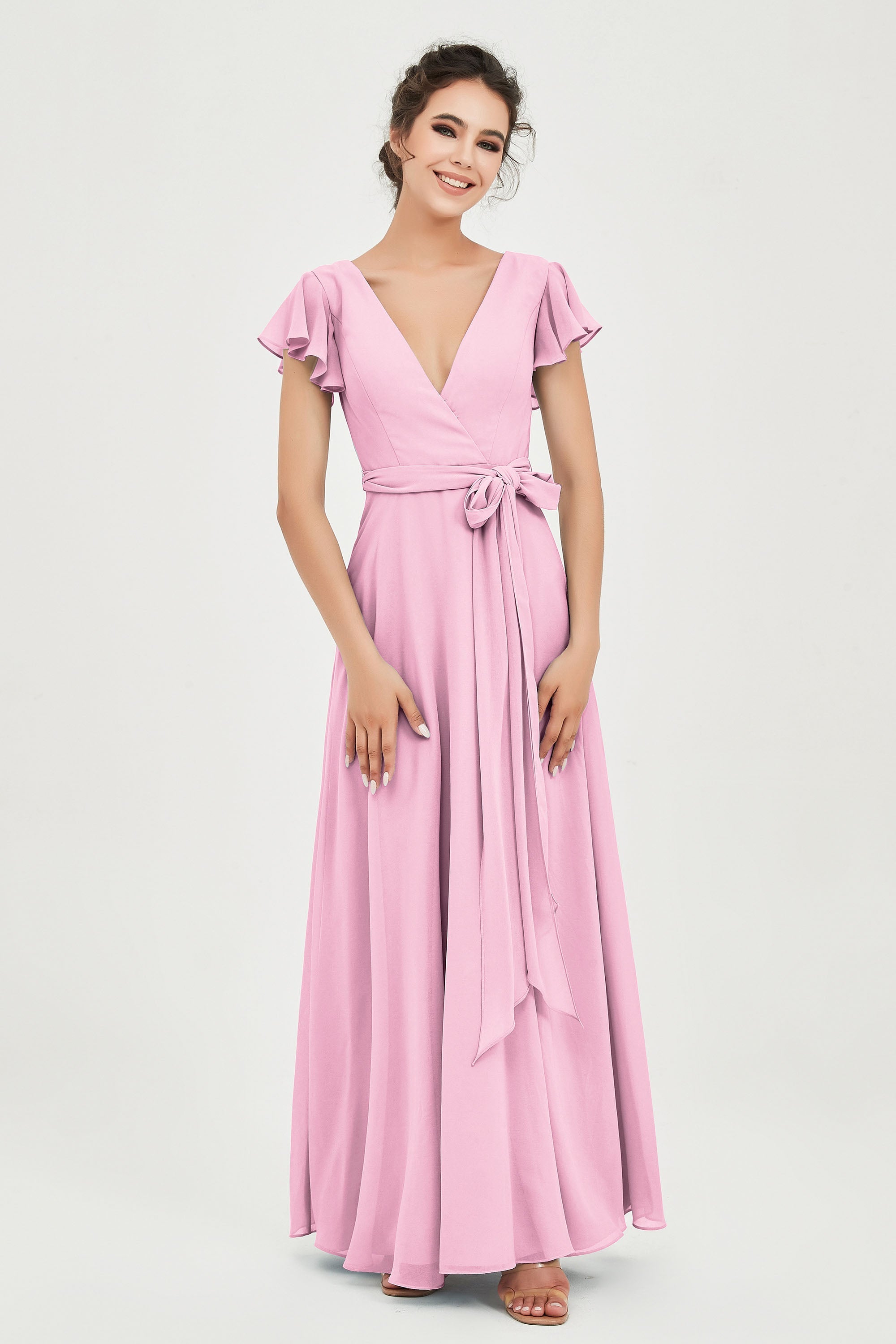 Flutter Sleeves Chiffon V Neck Bridesmaid Dress Women's Formal Evening Prom Gowns Dresses
