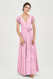 Flutter Sleeves Chiffon V Neck Bridesmaid Dress Women's Formal Evening Prom Gowns Dresses