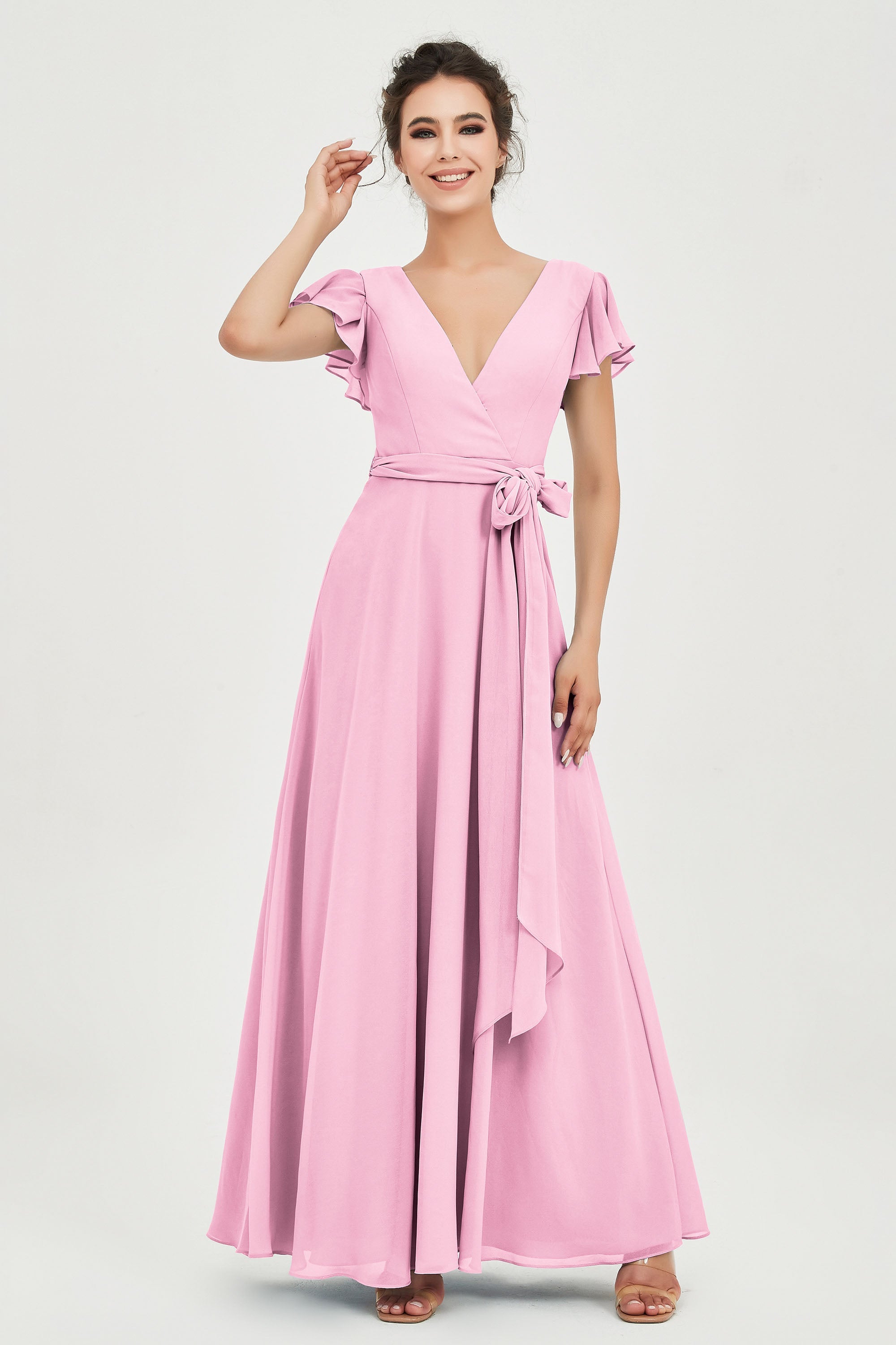 Flutter Sleeves Chiffon V Neck Bridesmaid Dress Women's Formal Evening Prom Gowns Dresses